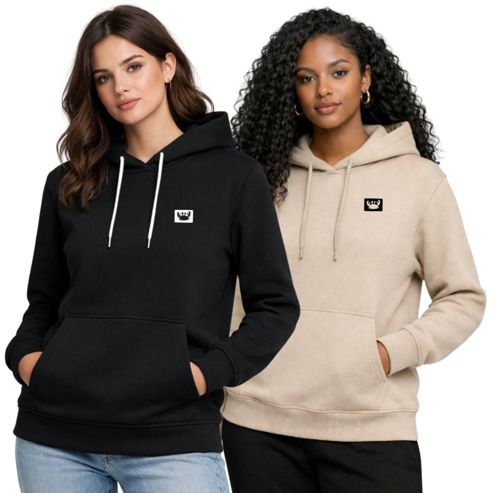 Imagem principal Kit 2 Blusa de Frio Moletom Liso Colorido Feminino Relaxado Com Capuz E Bolso Canguru Estampado Siri2 Relaxado bege