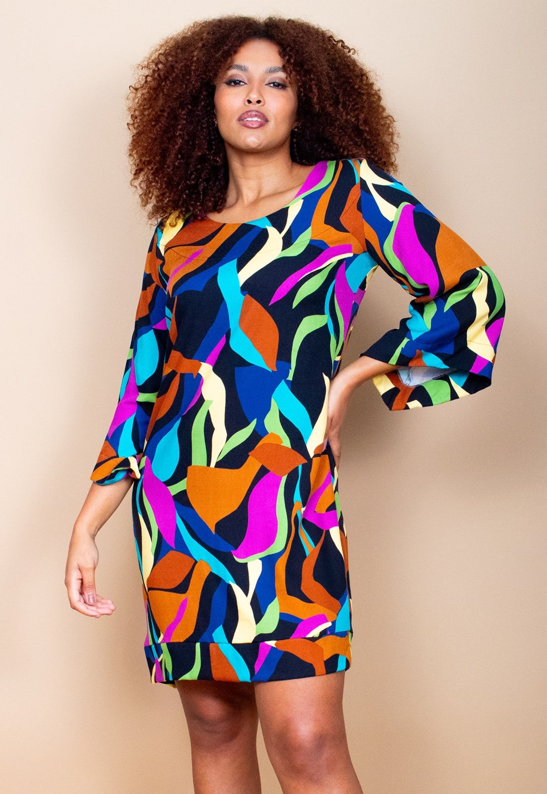 Imagem principal Vestido Curto Cabanafree Balli Manga Ampla Estampa Aurora Urbana Cabanafree azul/estampado/off-white/rosa