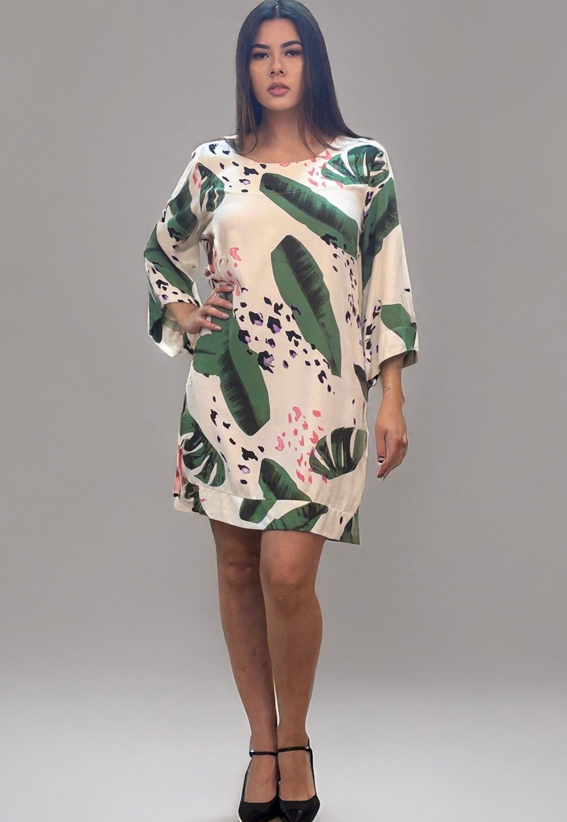 Imagem principal Vestido Curto Amazonia Vital Viscose Manga Ampla Balli Folhagem Poética Amazonia Vital estampado/off-white