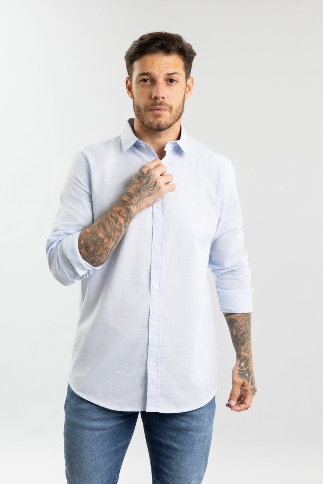Imagem principal Camisa Masculina Manga Longa em Algodão com Botões Dialogo Dialogo Jeans azul