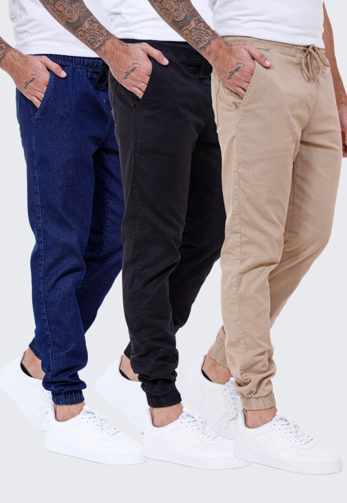 Imagem principal Kit 3 Calça Jogger Sarja Masculina Daze Modas Jeans Escuro e Daze Modas bege/preto