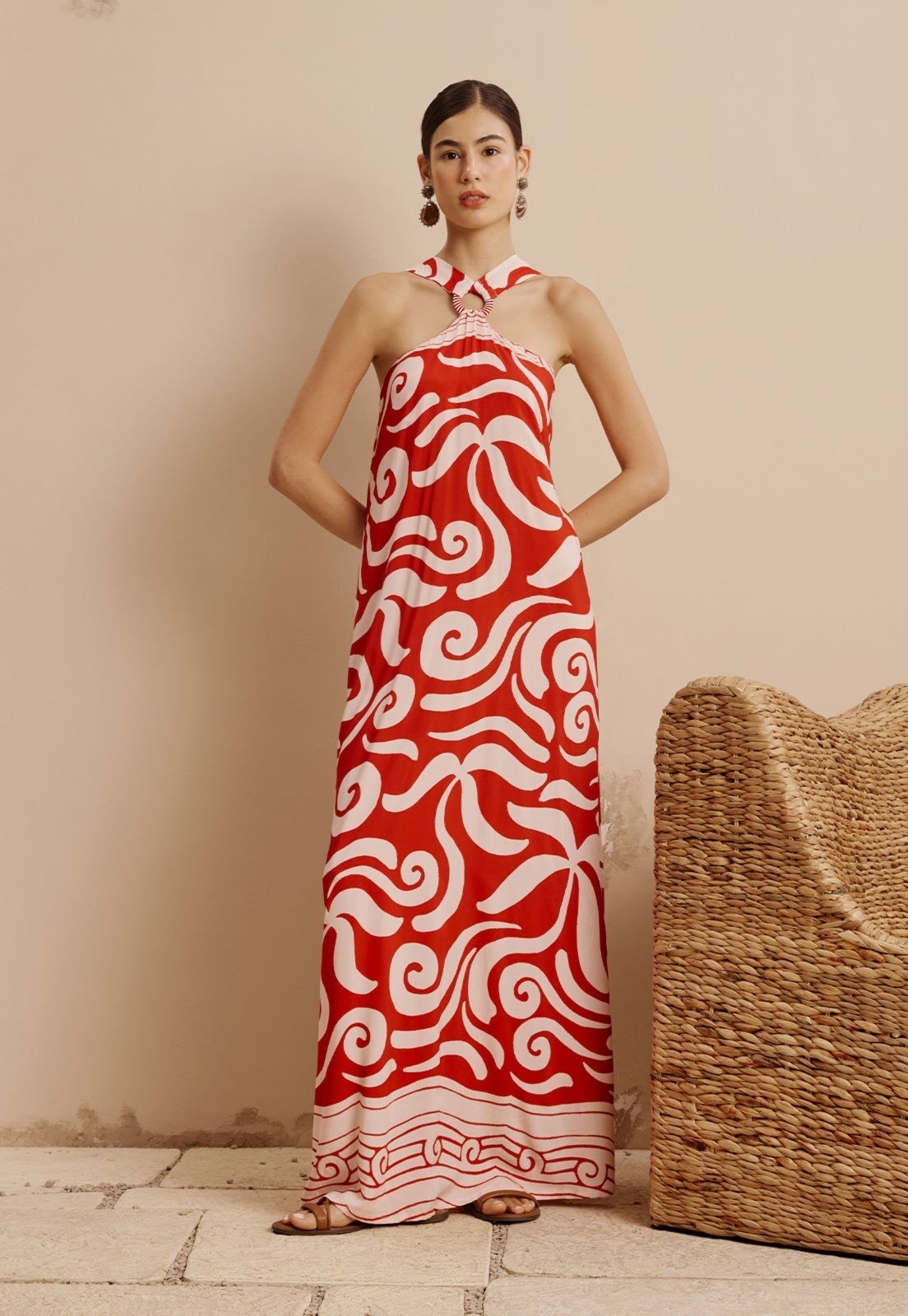 Imagem principal Vestido Longo Decote Argola Corda Liso Estampado Pororoca CaCay vermelho