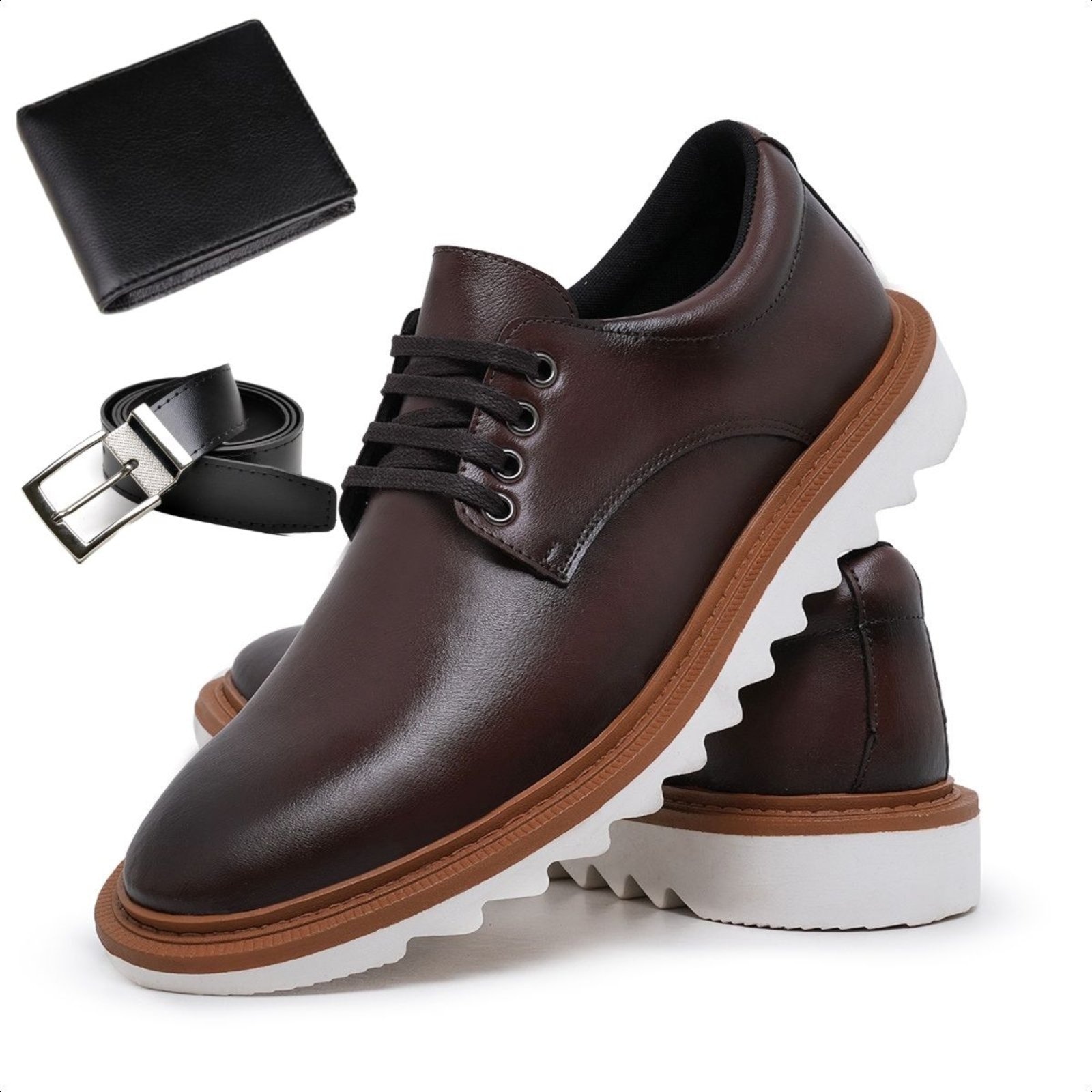 Imagem principal Kit Sapato Social Masculino Derby Casual Solado Tratorado + Cinto e Carteira Yes Basic marrom