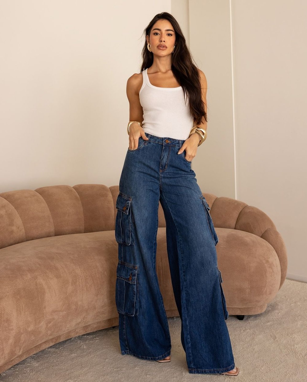 Imagem principal Calça Wide Leg Feminina Relaxed Cargo 24852 Escura Consciência jeans