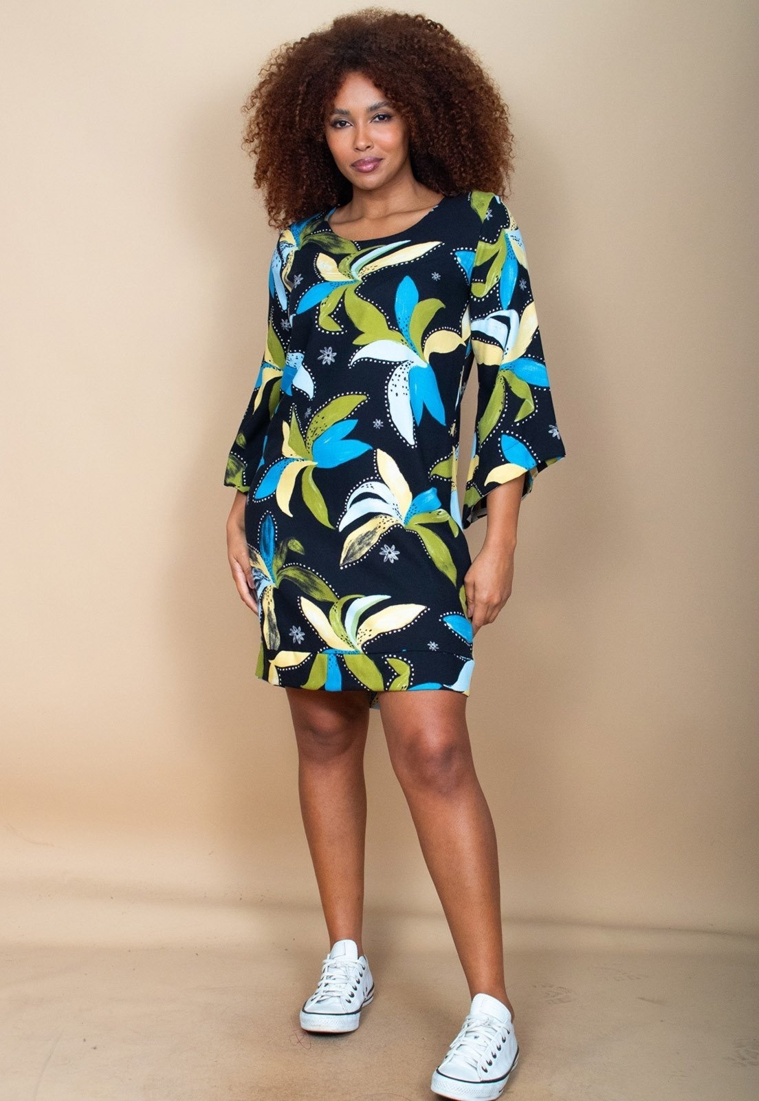 Imagem principal Vestido Curto Cabanafree Balli Manga Ampla Estampa Jardim Noturno Cabanafree azul/estampado/verde