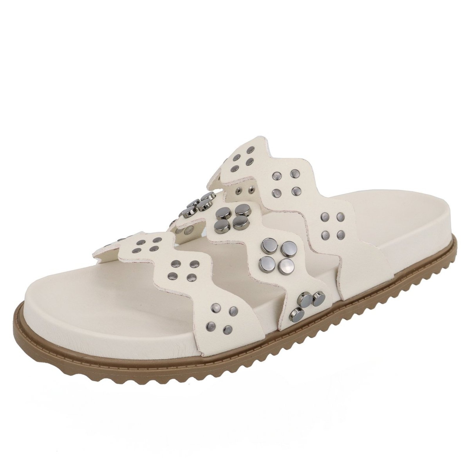 Imagem principal Papete Rasteira Feminina Paula B Com Aplicações de Metais Em Tiras Onduladas Palmilha Confort Off White PAULA B off-white white