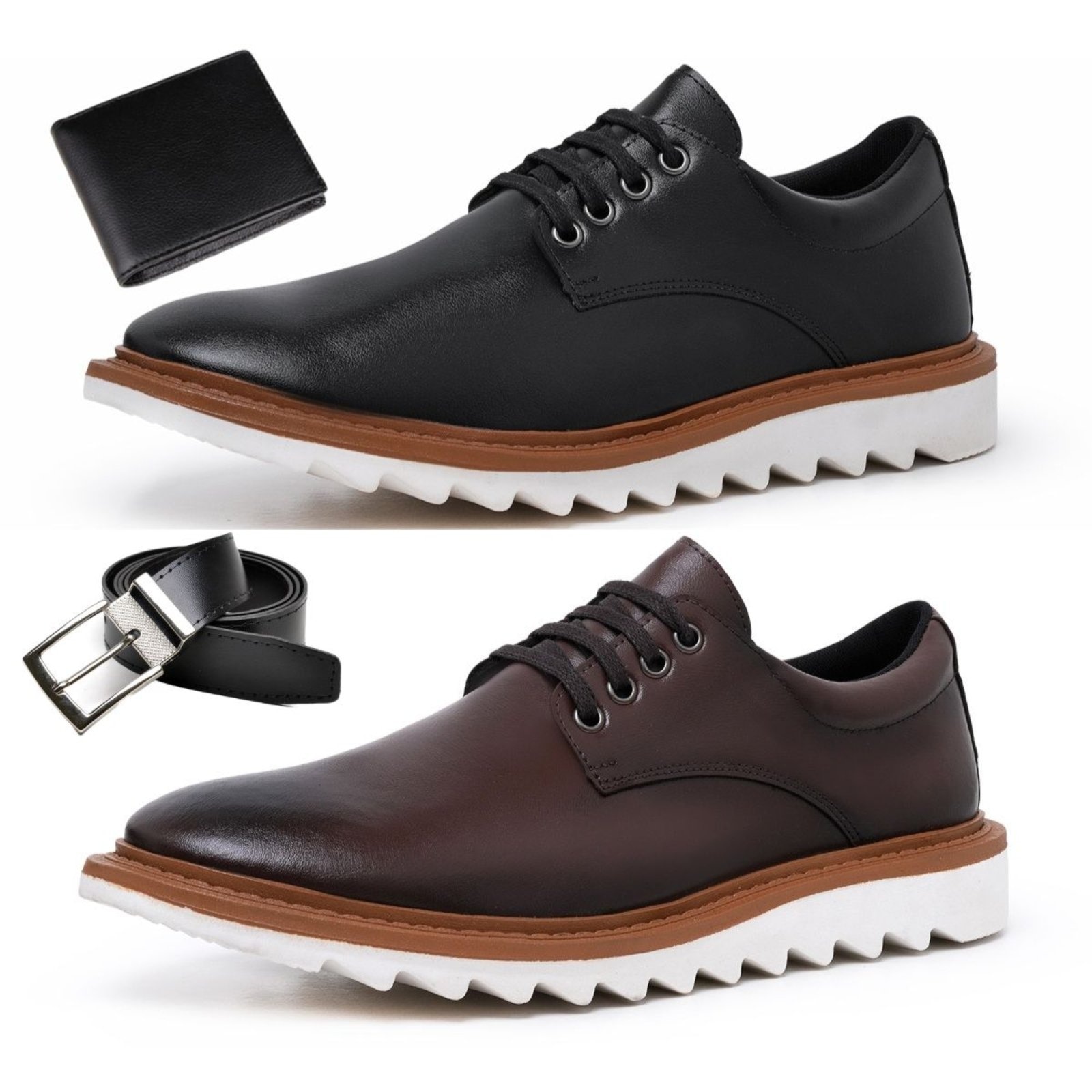 Imagem principal Kit 2 Sapato Social Masculino Derby Solado Tratorado + Cinto e Carteira e Yes Basic marrom/preto