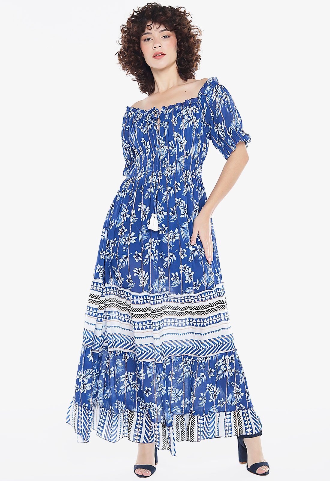 Imagem principal Vestido Longo com Mangas Estampado com Lurex Marinho Sob SOB azul marinho