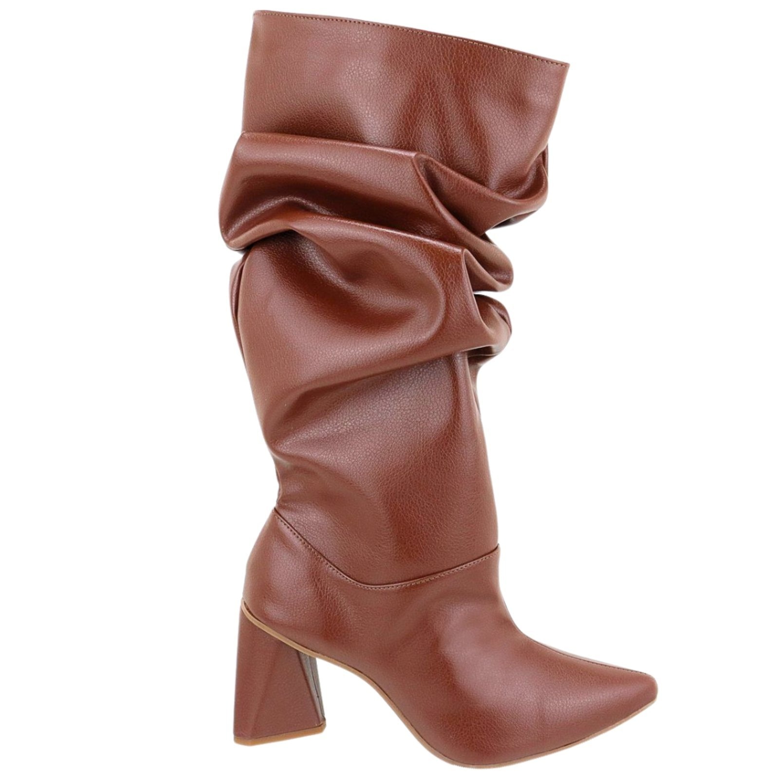 Imagem principal Bota Feminina Cano Longo Slouchy Enrugada Salto Grosso Estilosa 23021 Cacau Flor da Pele marrom