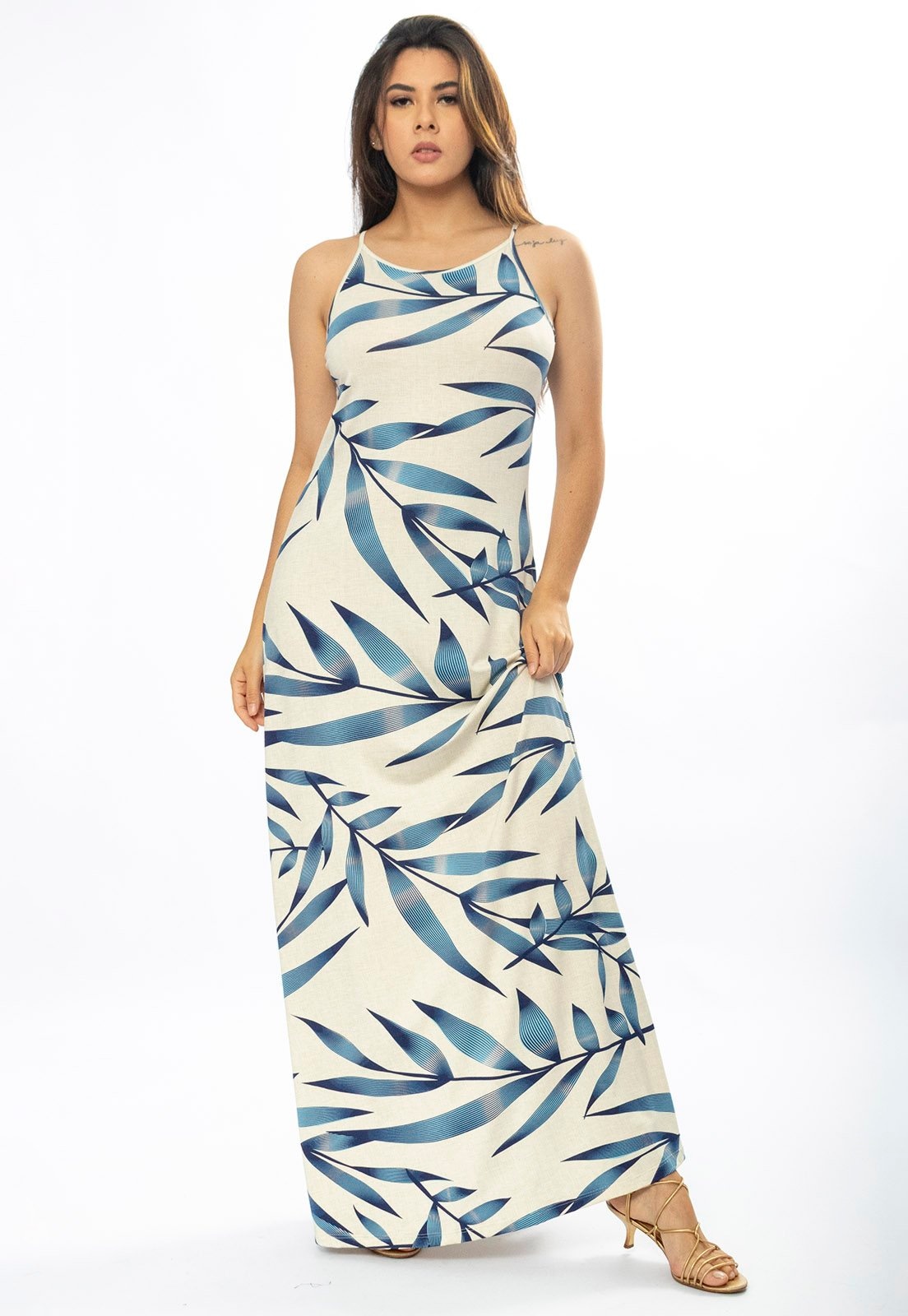 Imagem principal Vestido Longo Amazônia Vital Malha Trapézio Estampa Bambu Azul Amazonia Vital bege azul