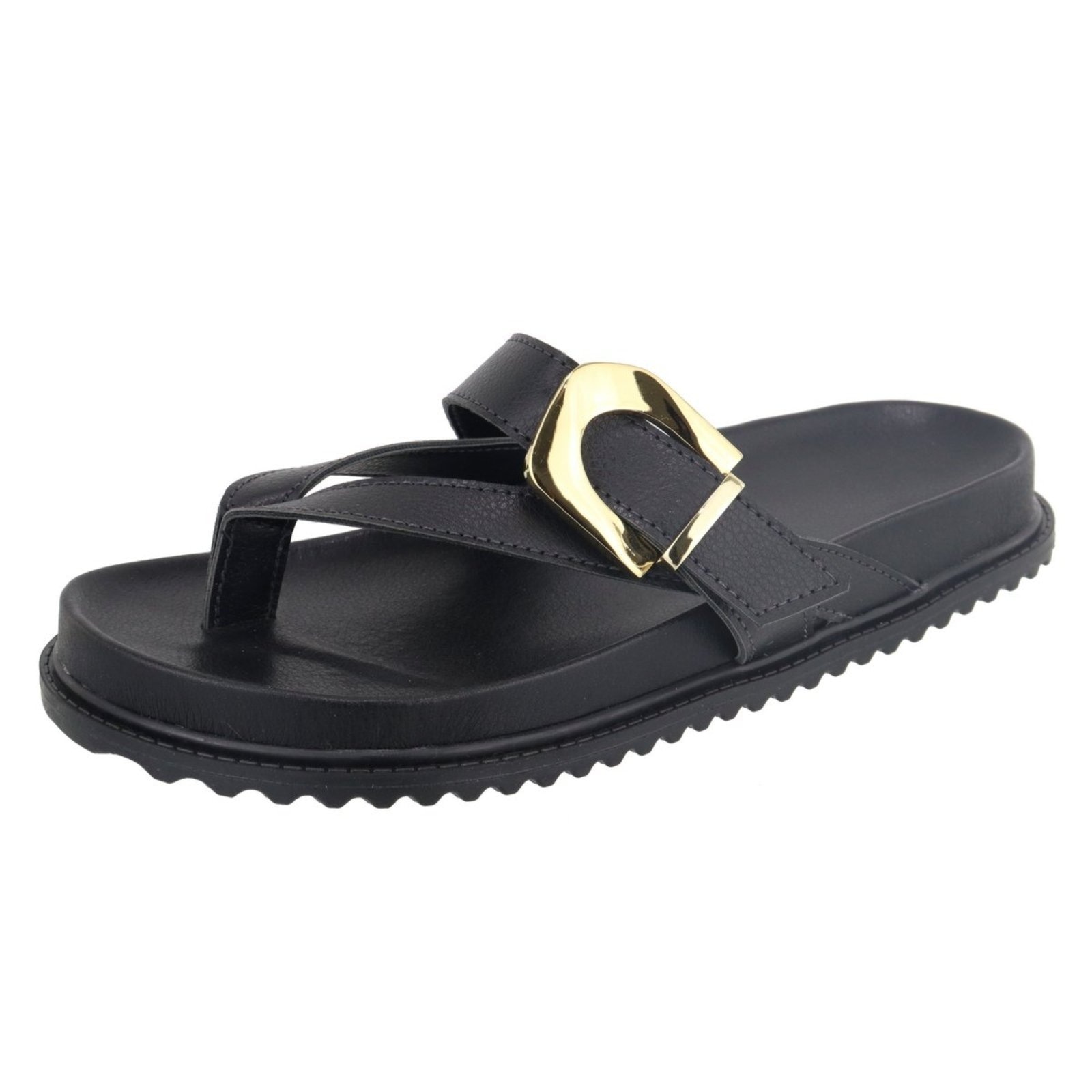 Imagem principal Papete Rasteira Feminina Paula B Com Tiras De Dedo E Detalhe Em Fivela De Metal Dourado Palmilha Confort PAULA B preto