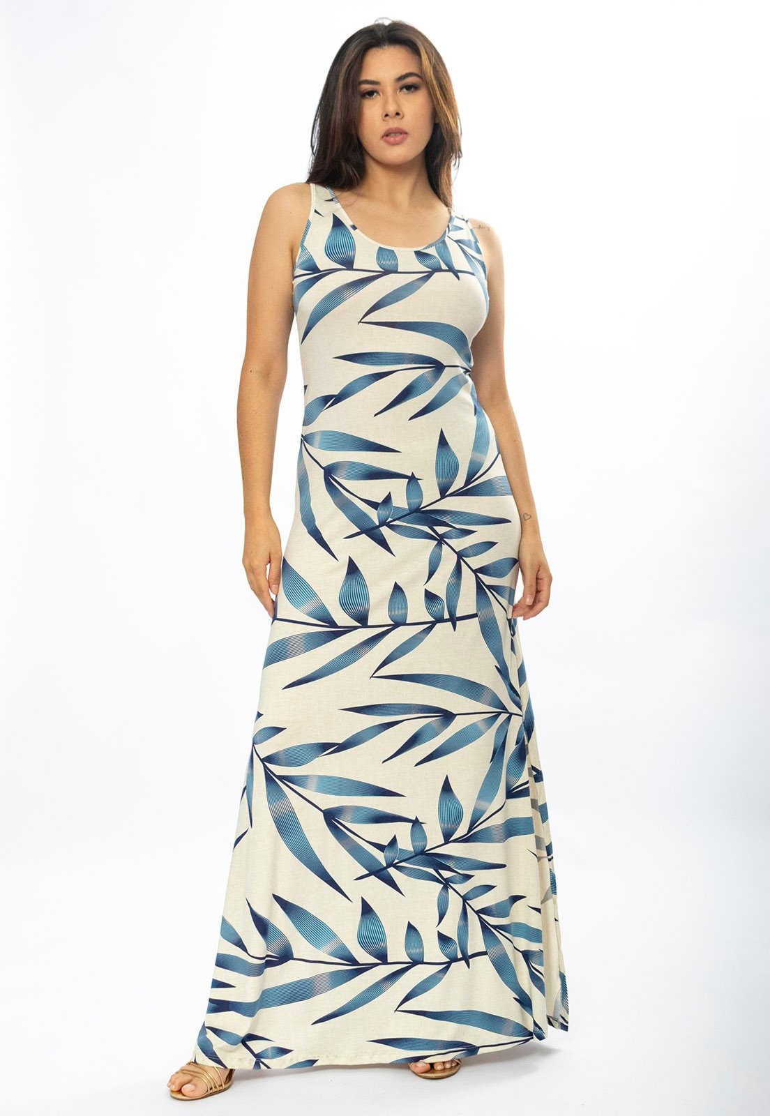 Imagem principal Vestido Longo Amazônia Vital Butiá Malha Regata Estampa Bambu Azul Amazonia Vital bege azul