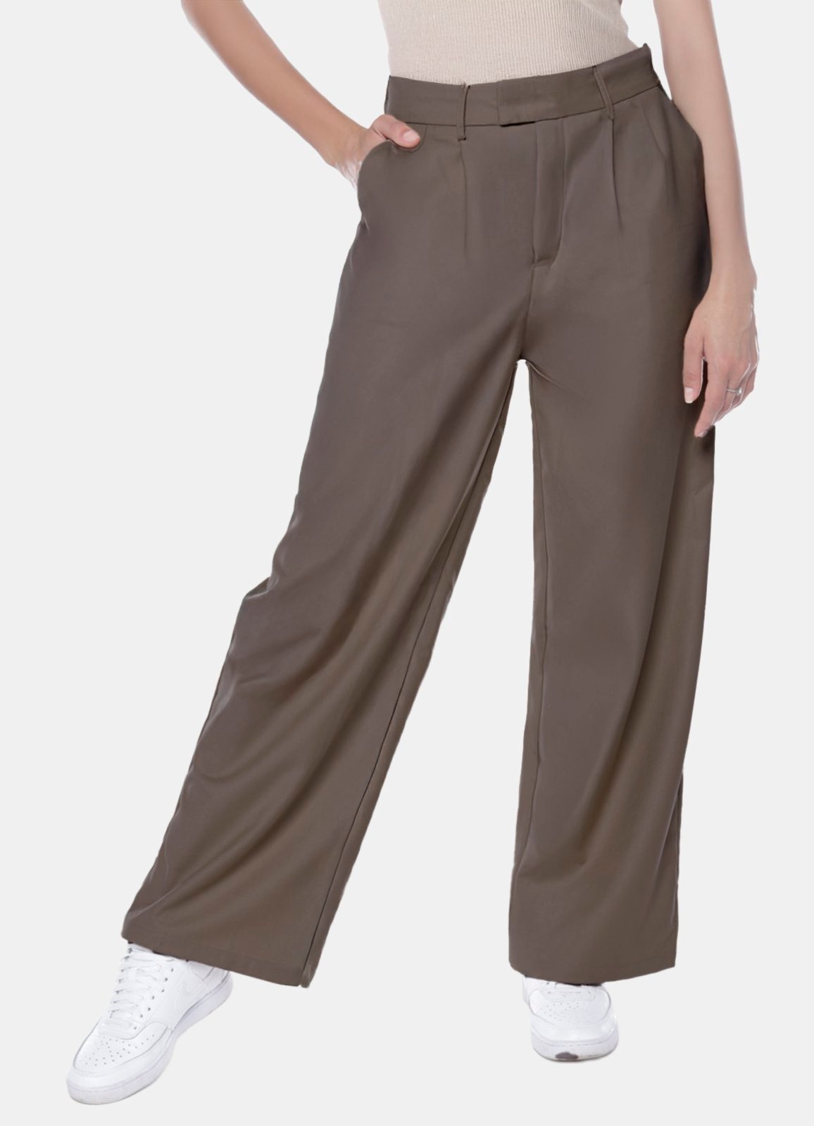 Imagem principal Calça de Pregas Café Sob Cintura Alta em Viscose com Elastano SOB marrom