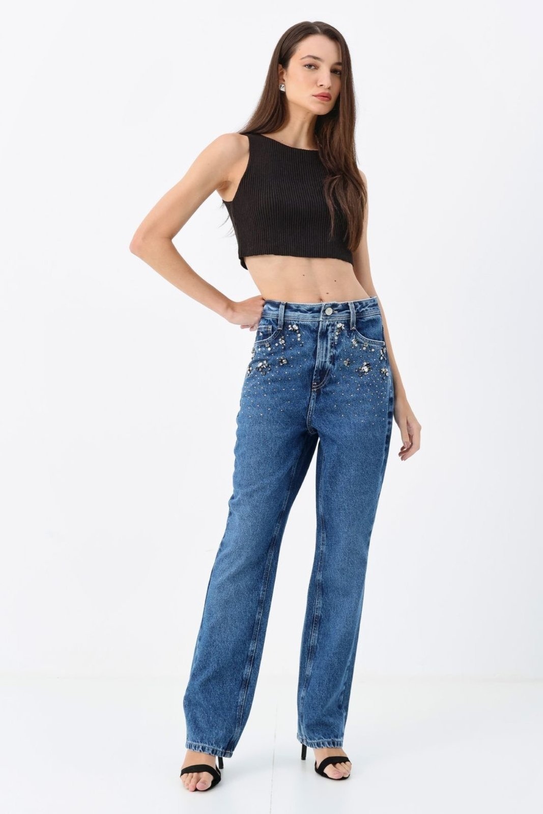 Imagem principal Calça Straight Cintura Alta Pedraria ACT FEMININO jeans