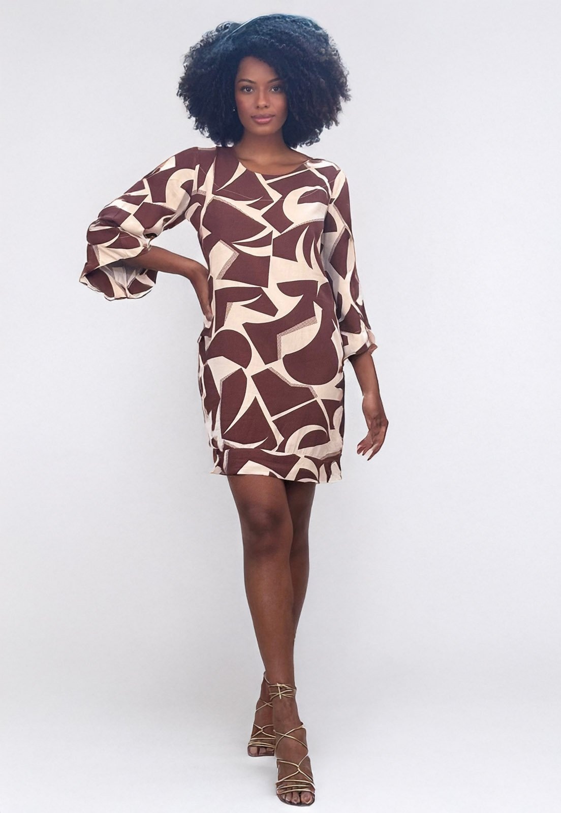 Imagem principal Vestido Curto Amazonia Vital Viscose Manga Ampla Balli Raizes Marrom Amazonia Vital bege