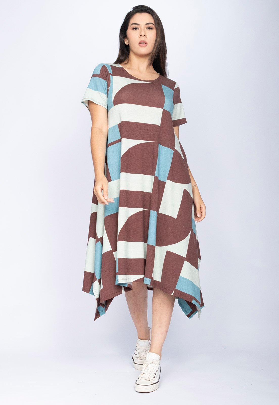 Imagem principal Vestido CabanaFree Saruel Malha Manga Curta com fendas nas laterais Estampa Santa Rosa do Tocantins Cabanafree azul/estampado rosa