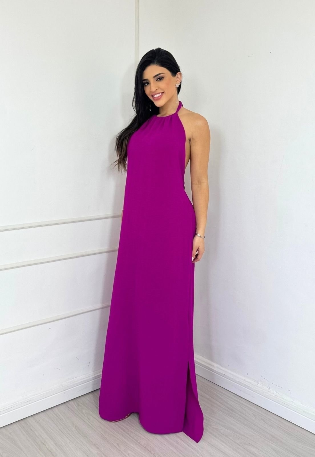 Imagem principal Vestido Longo Frente Única Amarração Esther Fúcsia Cia do Vestido roxo