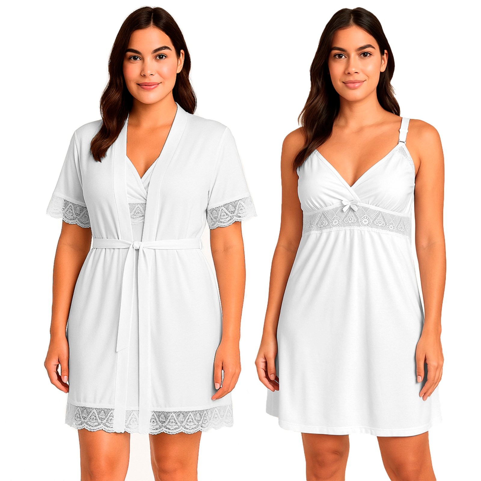 Imagem principal Kit Camisola + Robe Gabi Lingerie Detalhado em Renda Confortável Gabi Lingerie branco