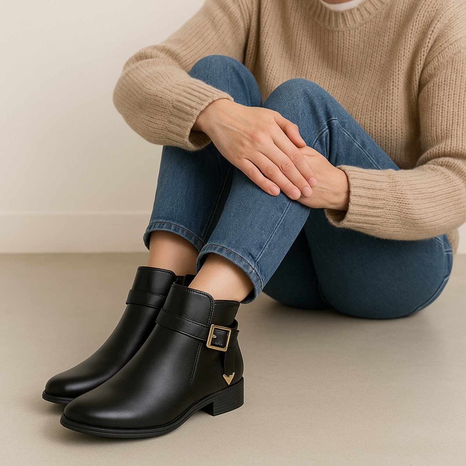 Imagem principal Bota Feminina Cano Curto Yes Basic Salto Baixo em Couro com Fivela Lateral Preta Yes Basic preto