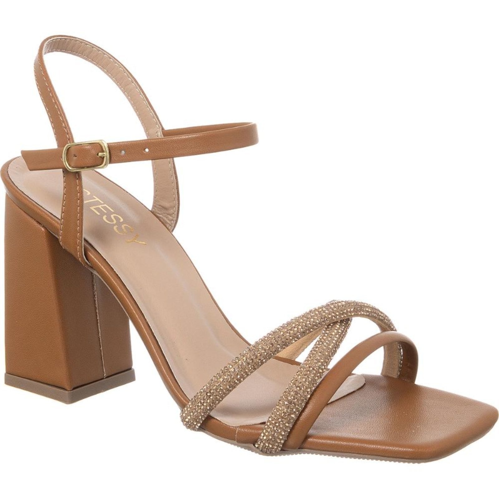 Imagem principal Sandália Feminina Brilho Strass Salto Alto Bloco Tiras Stessy Shoes caramelo