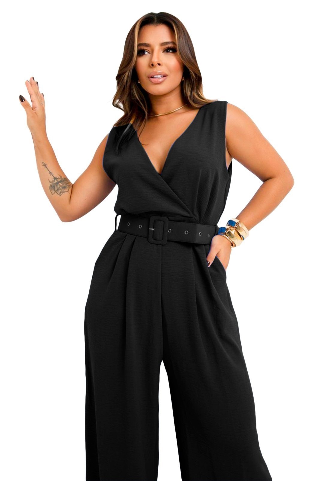 Imagem principal Macacão Longo YWC ind Duna Social Calça Pantalona Com Cinto e Bolso Lateral YWC ind preto