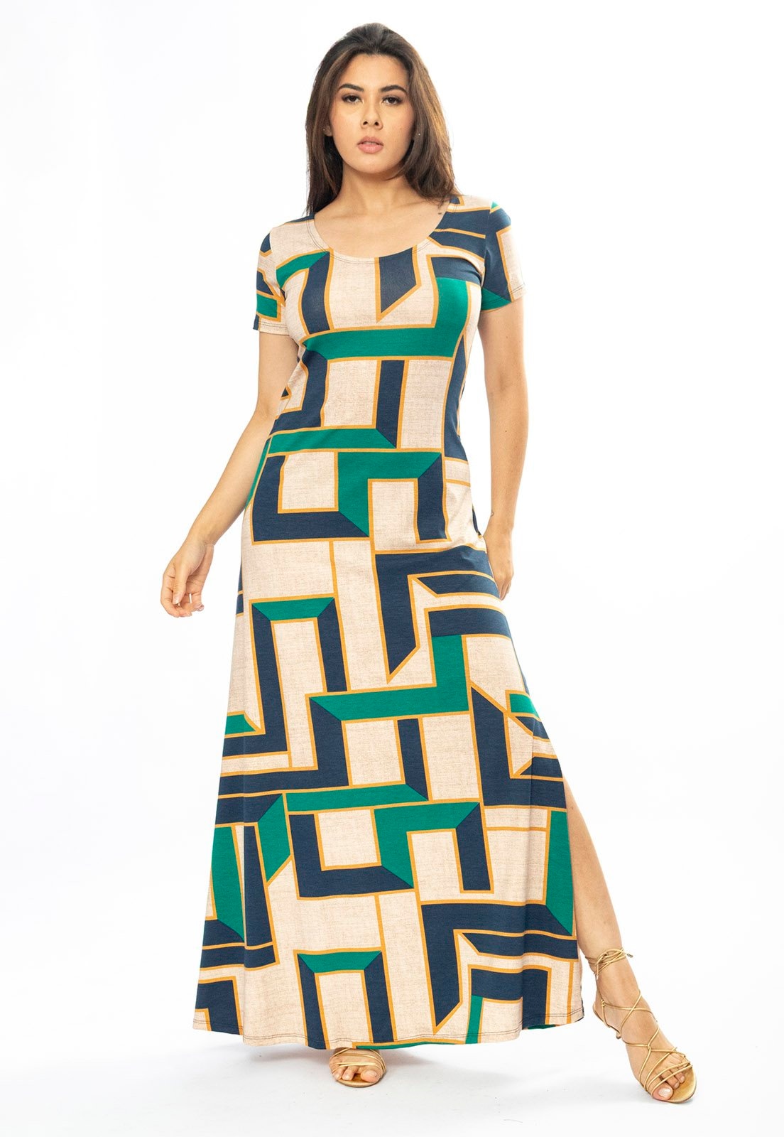 Imagem principal Vestido Longo Cabanafree Malha Gola Canoa Manga Curta Estampa Chapada de Areia Cabanafree azul/bege/cinza