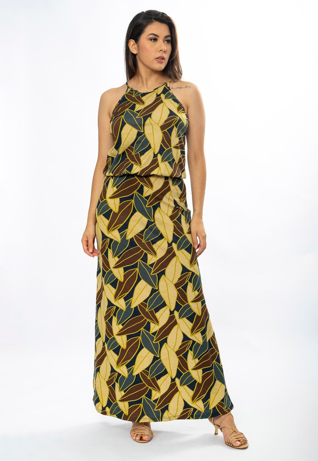 Imagem principal Vestido Longo Cabanafree Malha Trapézio com Elástico na Cintura Folhas de Outono Cabanafree estampado/verde