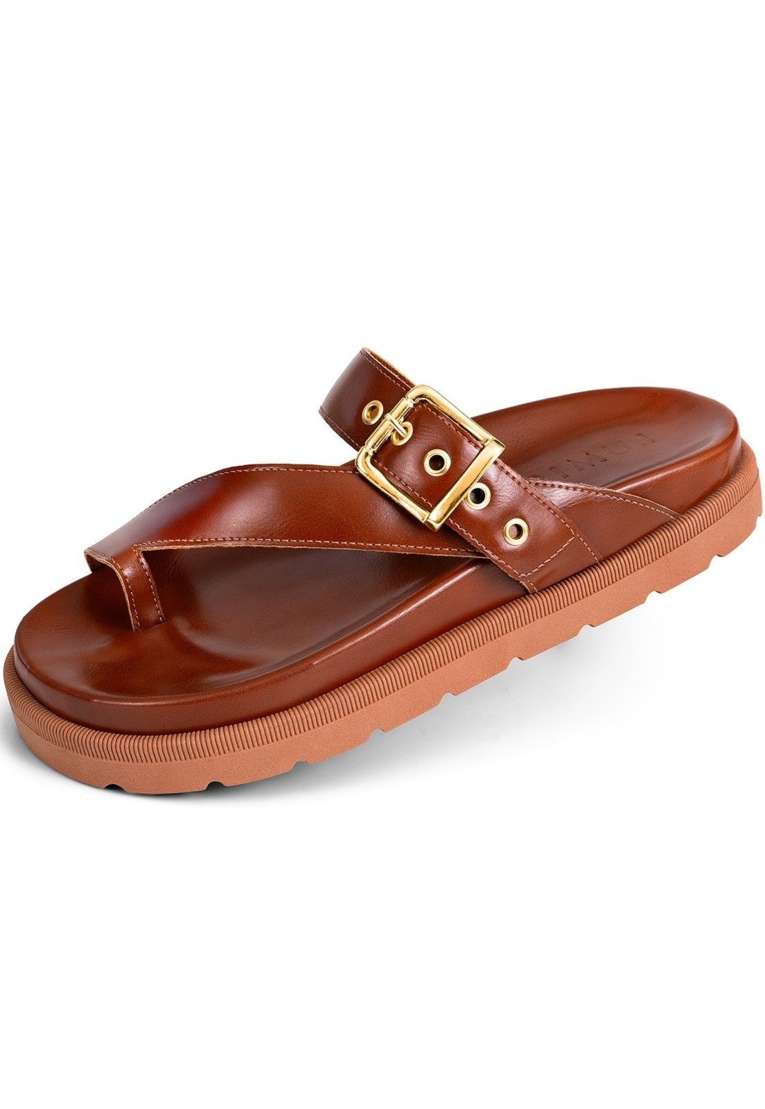 Imagem principal Sandália Papete Feminina Lumiss Bico Redondo Confortável Fivela Dourada Blogueira LUMISS caramelo