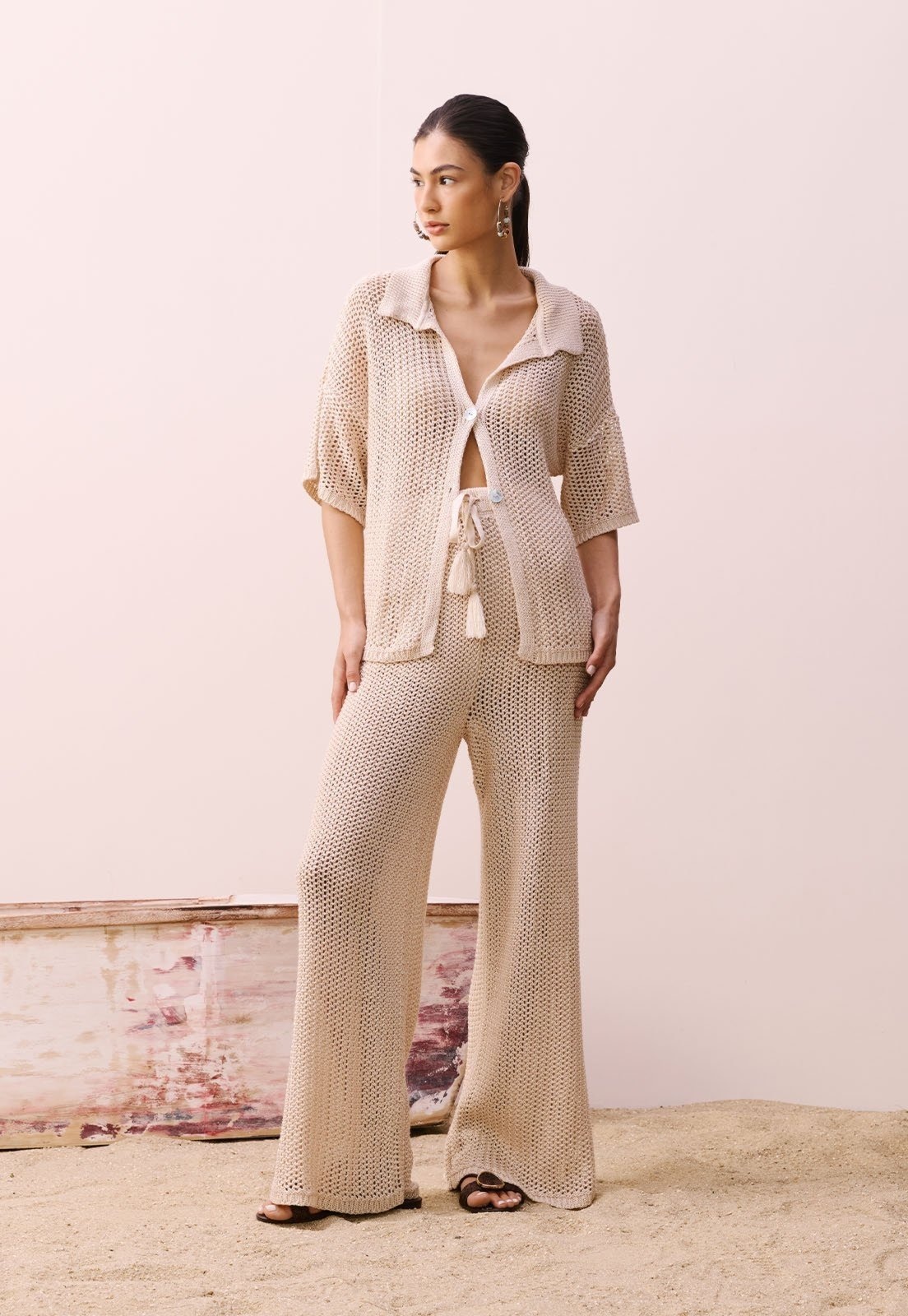 Imagem principal Calça Ampla Rendada Tricot CaCay branco