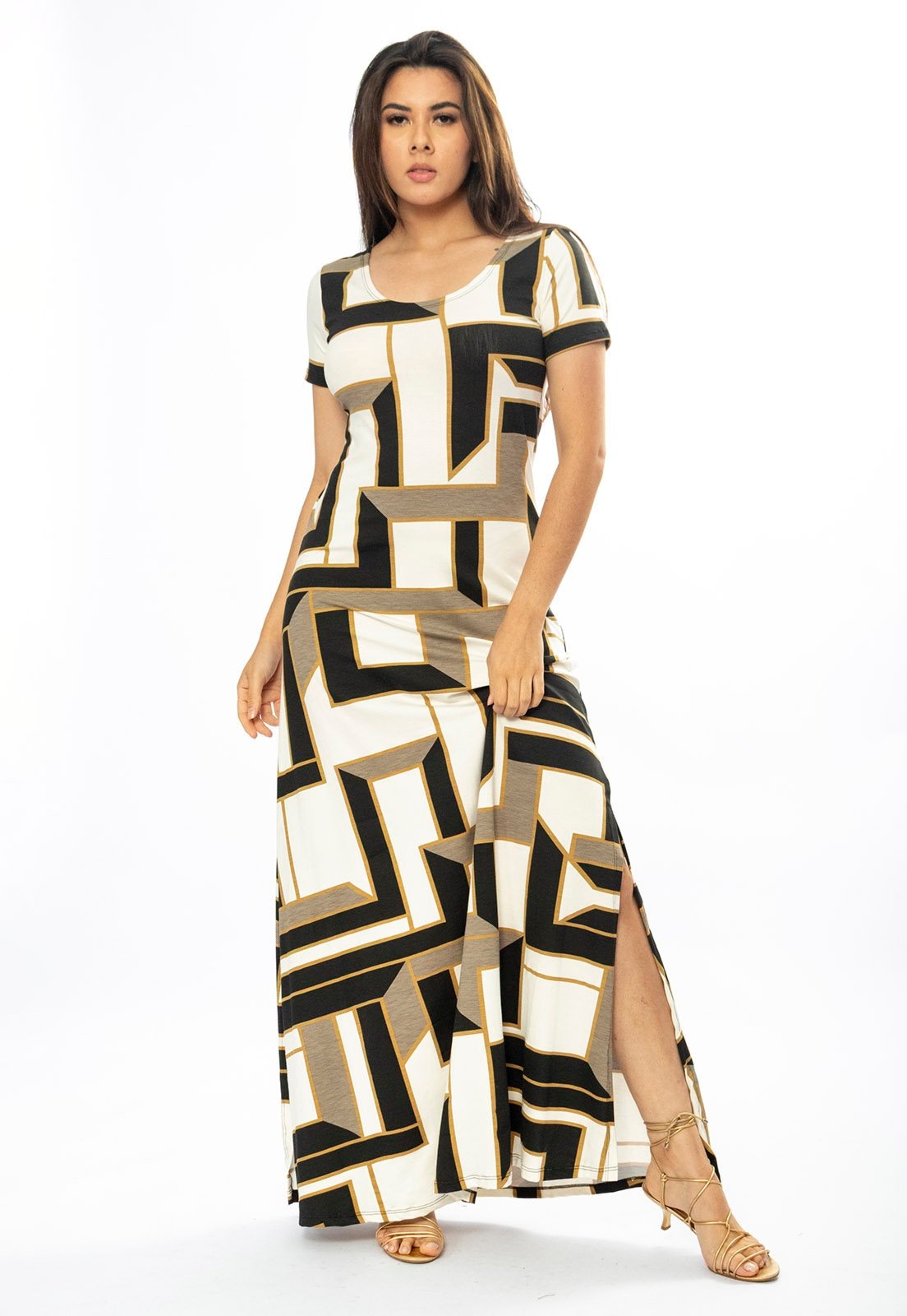 Imagem principal Vestido Longo Cabanafree Malha Gola Canoa Manga Curta Estampa Igaci Cabanafree dourado/estampado/marrom/preto