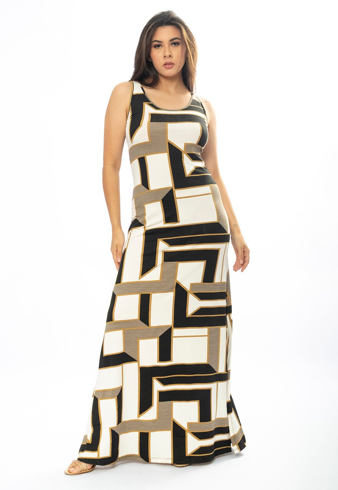 Imagem principal Vestido Longo Cabanafree Butiá Malha Regata Estampa Igaci Cabanafree branco/estampado/marrom