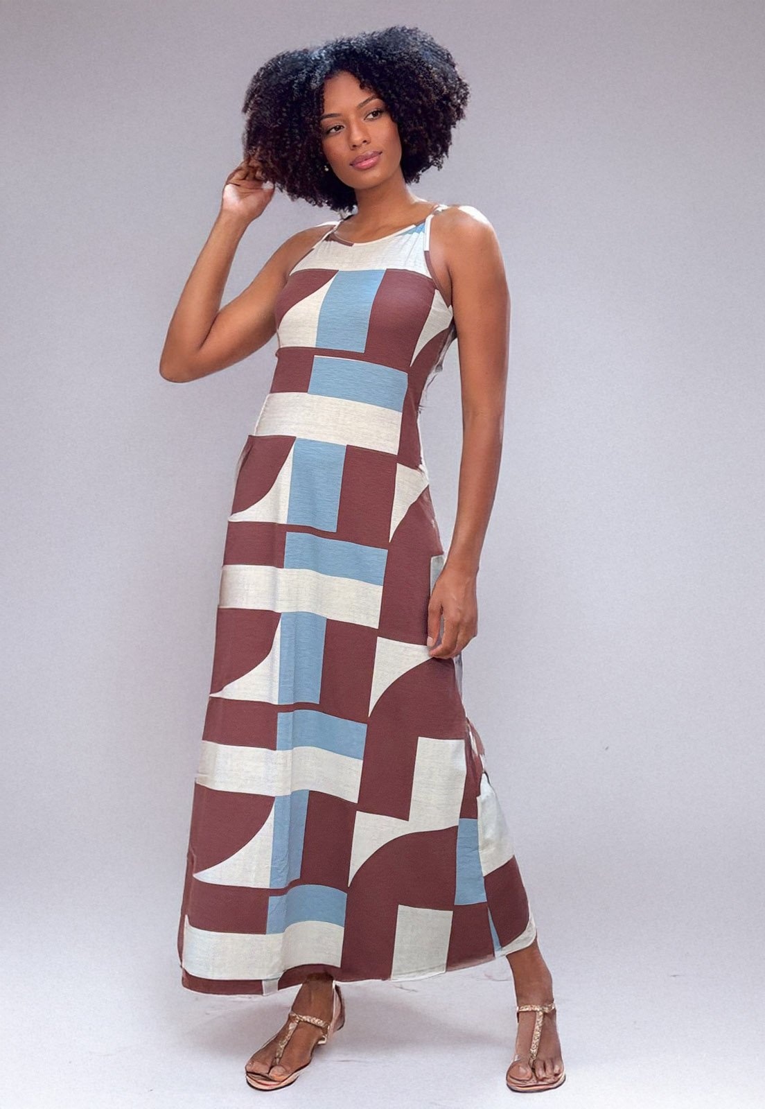 Imagem principal Vestido Longo Cabanafree Malha Trapézio Estampa Santa Rosa do Tocantins Cabanafree azul/estampado/marrom rosa