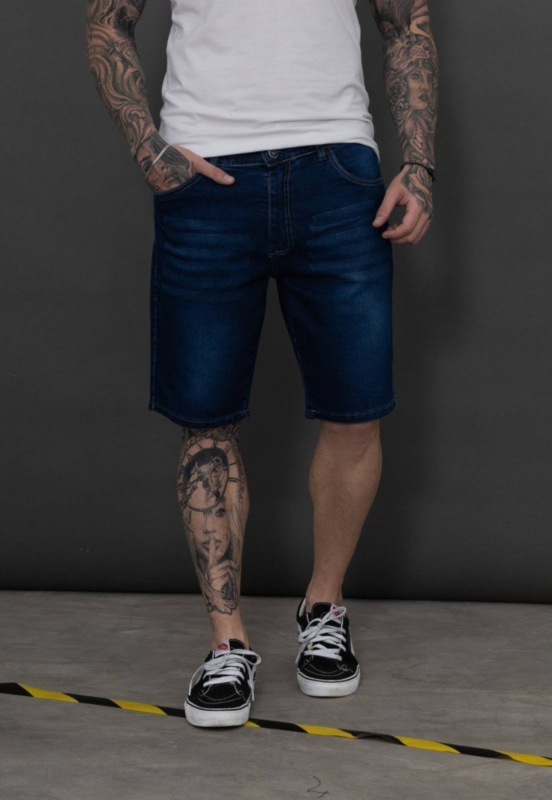 Imagem principal Bermuda Masculina Tempo Hábil Jeans Puídos Premium Casual Escuro 5 Estilo azul