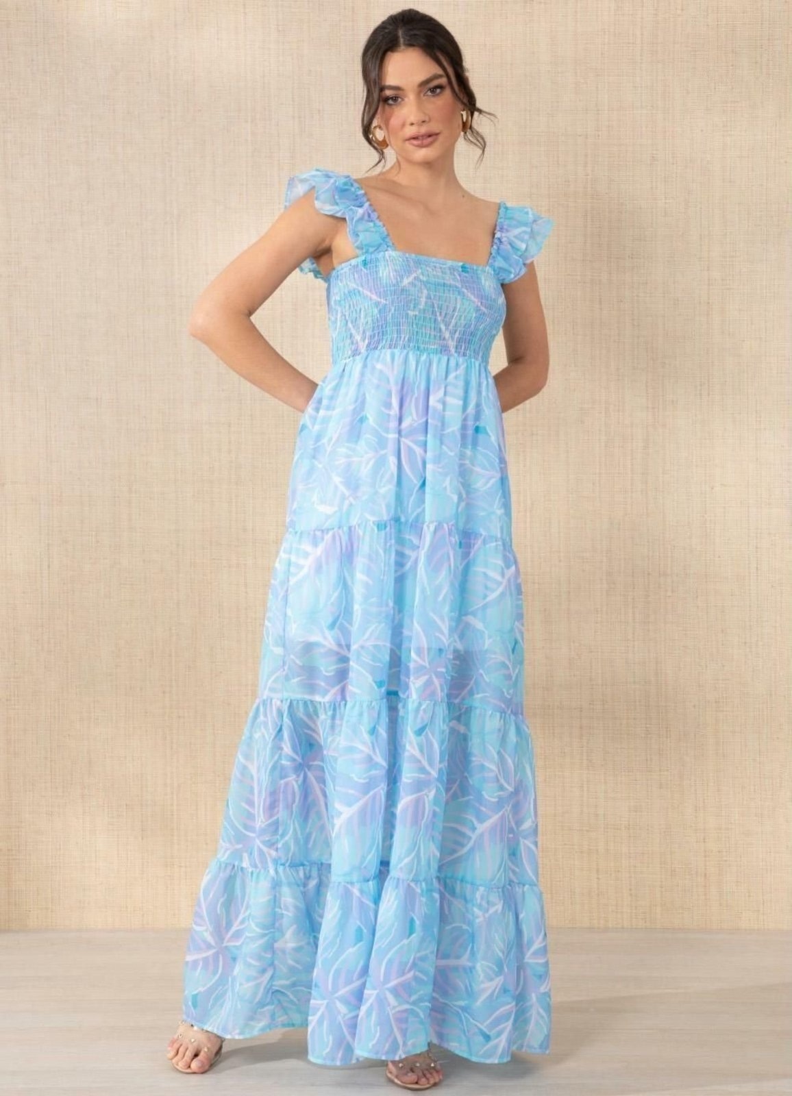 Imagem principal Vestido Mangas Babado Folhas Azuis Colorido Quintess azul