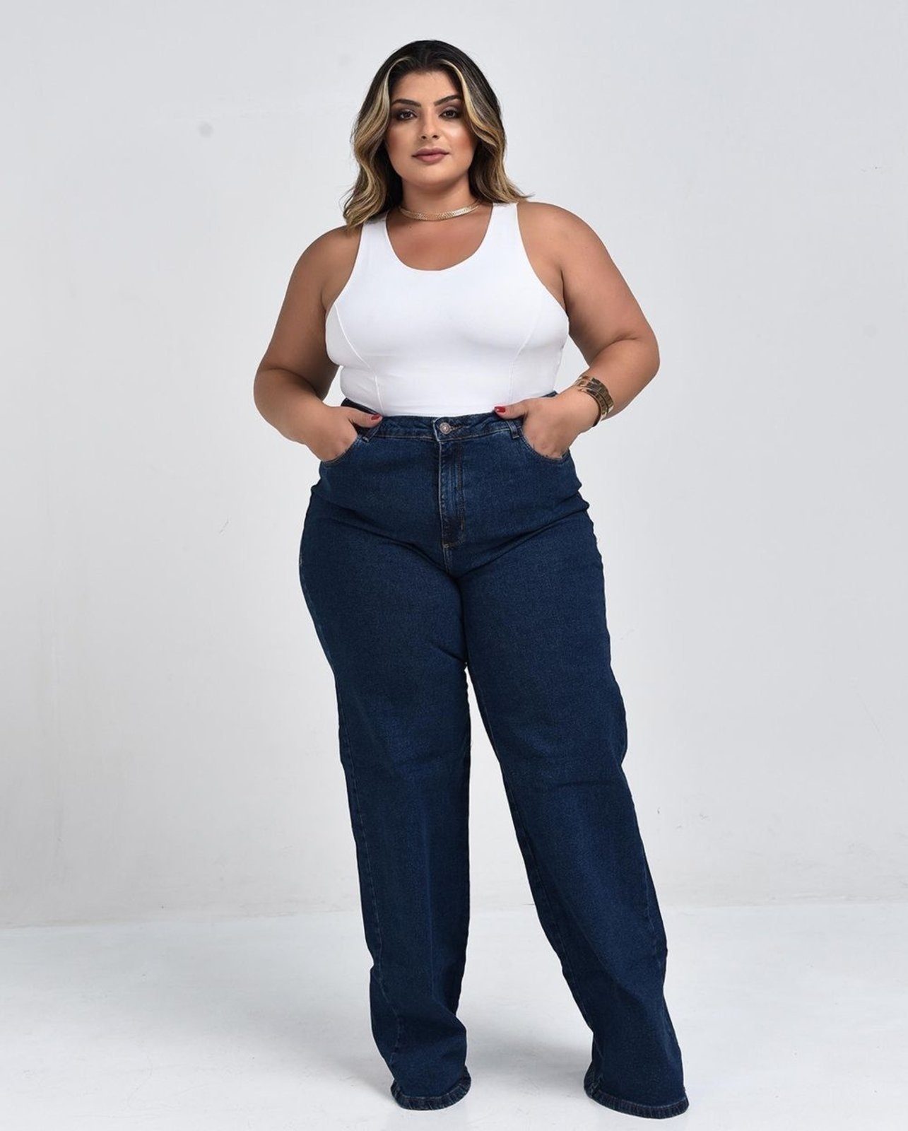Imagem principal Calça Wide Leg Plus Size Feminina Cintura Alta Básica 28006 Escura Consciência jeans