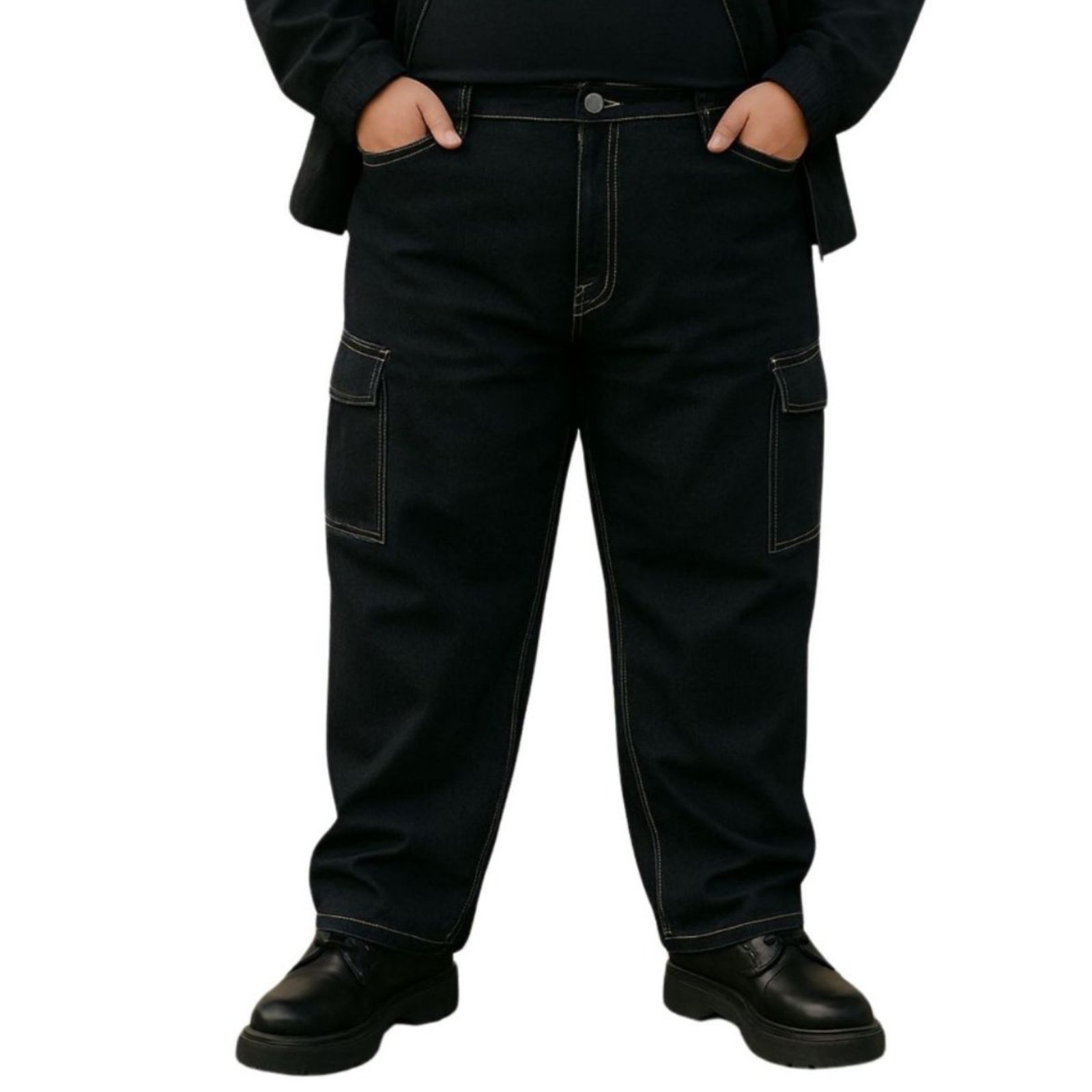 Imagem principal Calça Plus Size Masculina Cargo Preta com Costura Branca Alleppo Jeans preto