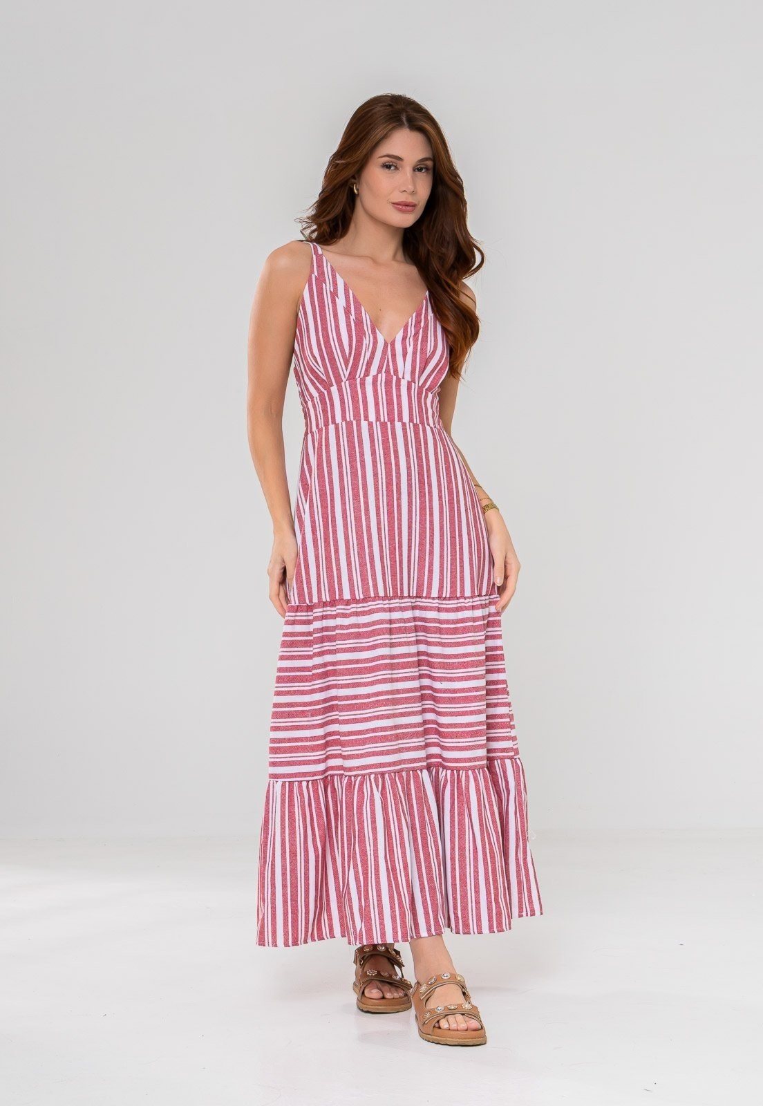 Imagem principal Vestido Aura Evelyn Linho Listrado Aura vermelho