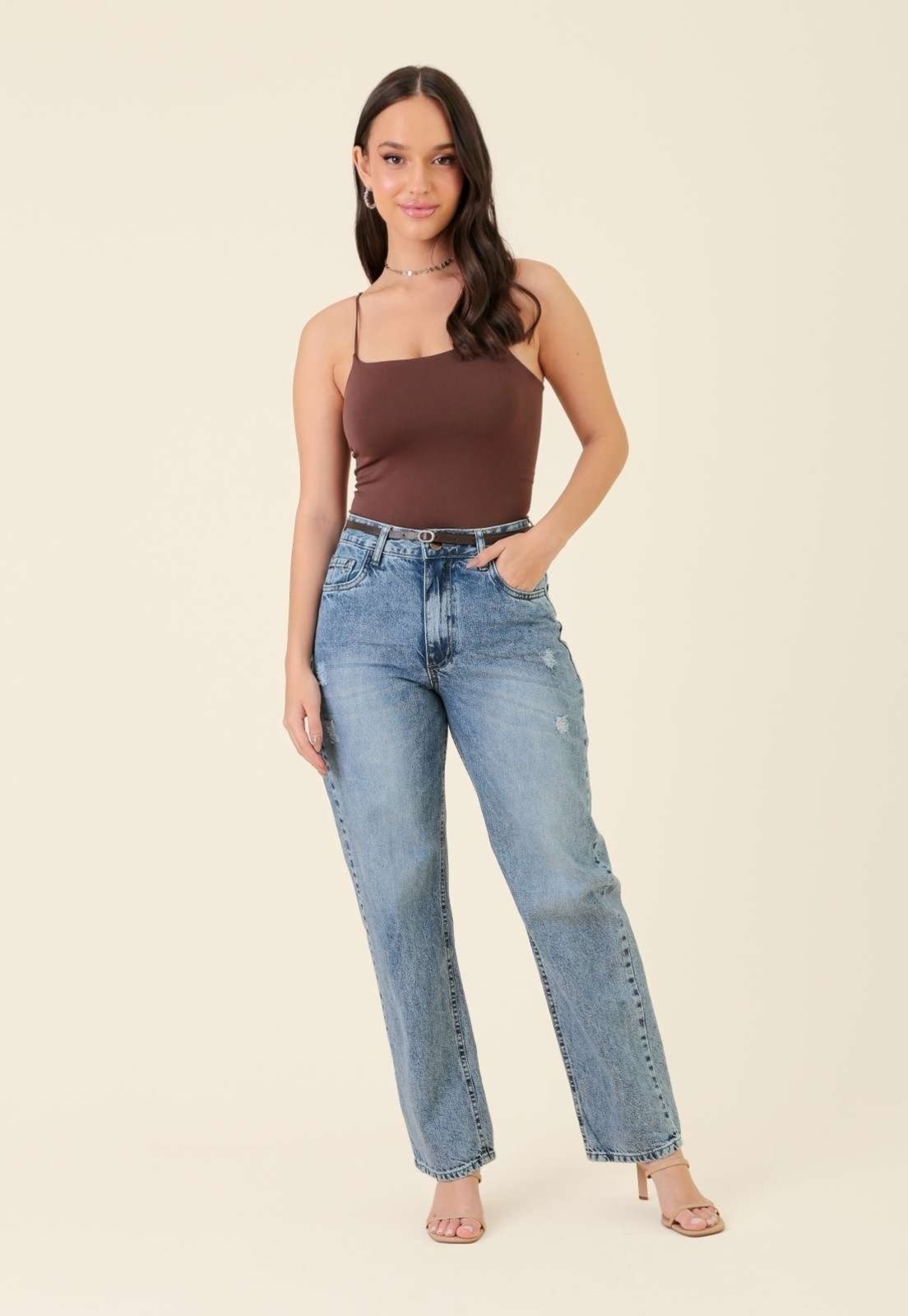 Imagem principal Calça Pop Me Jeans Mom Com Cinto Médio Pop Me azul