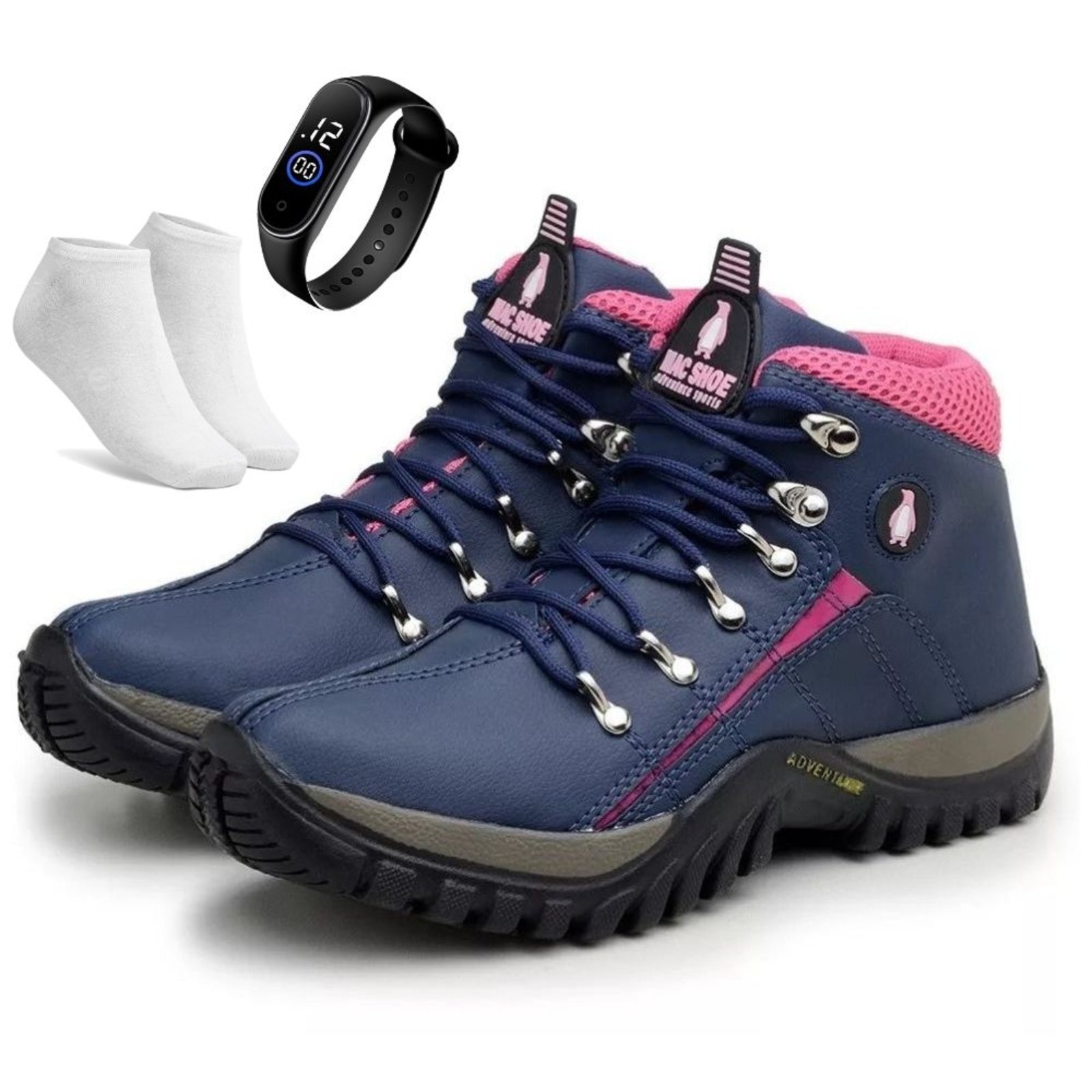 Imagem principal Kit Bota Adventure Bia Ramos para Trilha Confortavel Feminina Pink + Relógio e Meia Bia Ramos azul/azul marinho/pink azul
