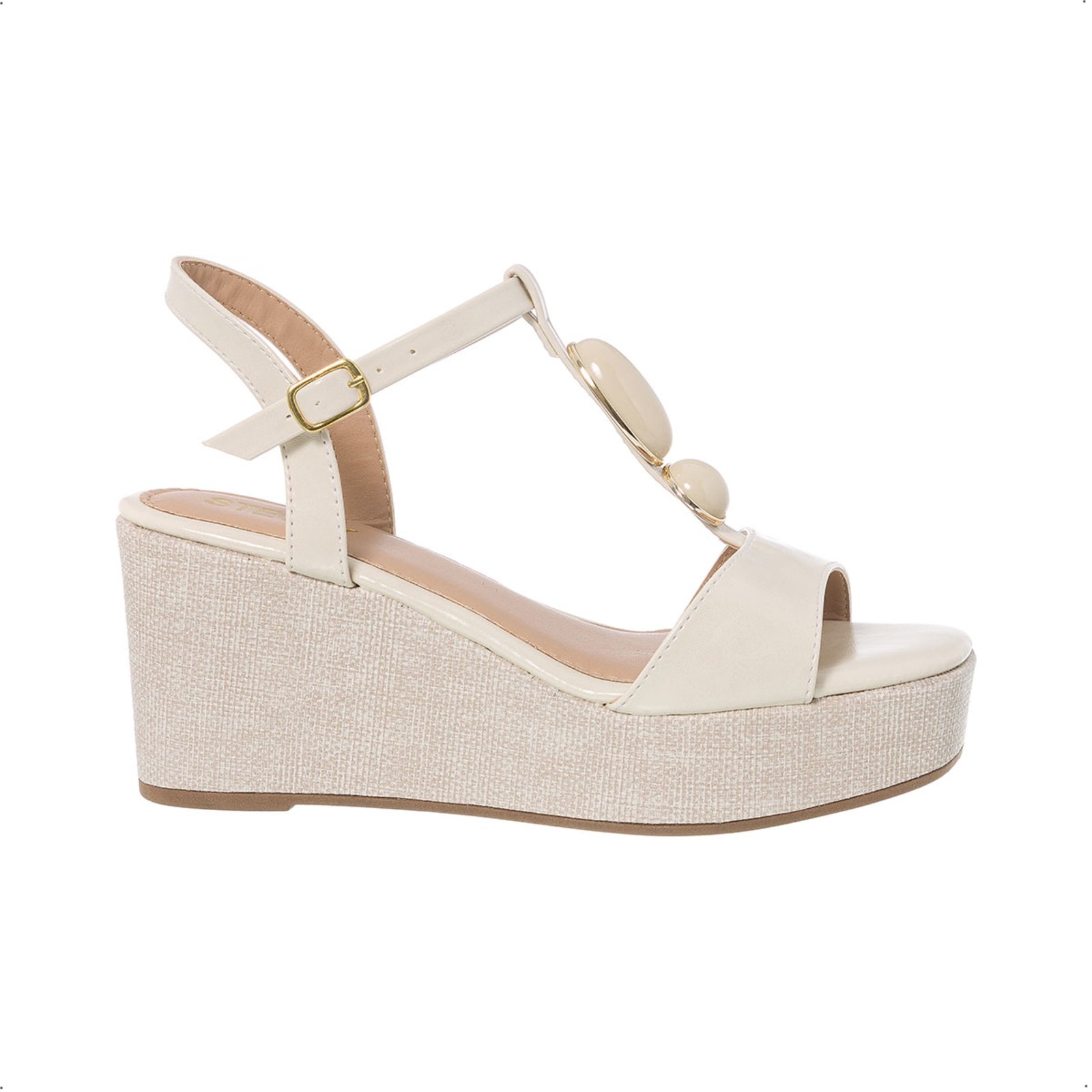 Imagem principal Sandália Anabela Plataforma Stessy Boho Chic Pedraria Rafia Lançamento Verão Off White Stessy Shoes off-white white