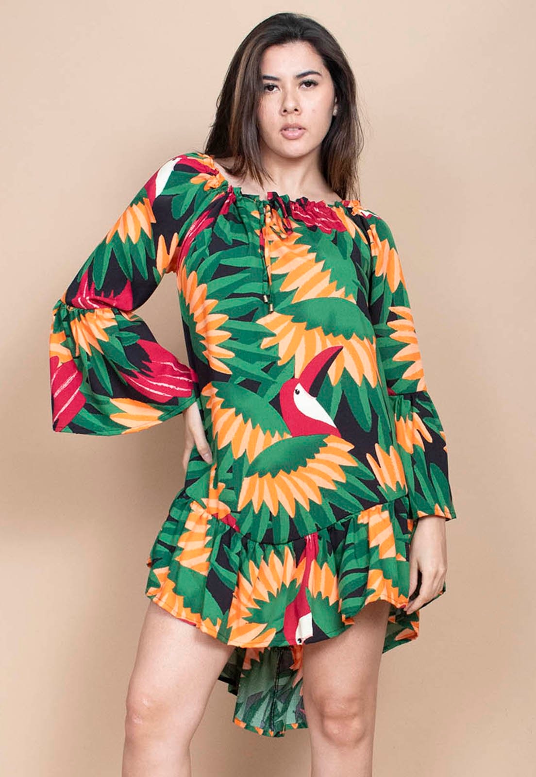 Imagem principal Vestido Curto Cabanafree Viscose Com Babados Estampa Festa dos Tucanos Cabanafree estampado/preto/vermelho