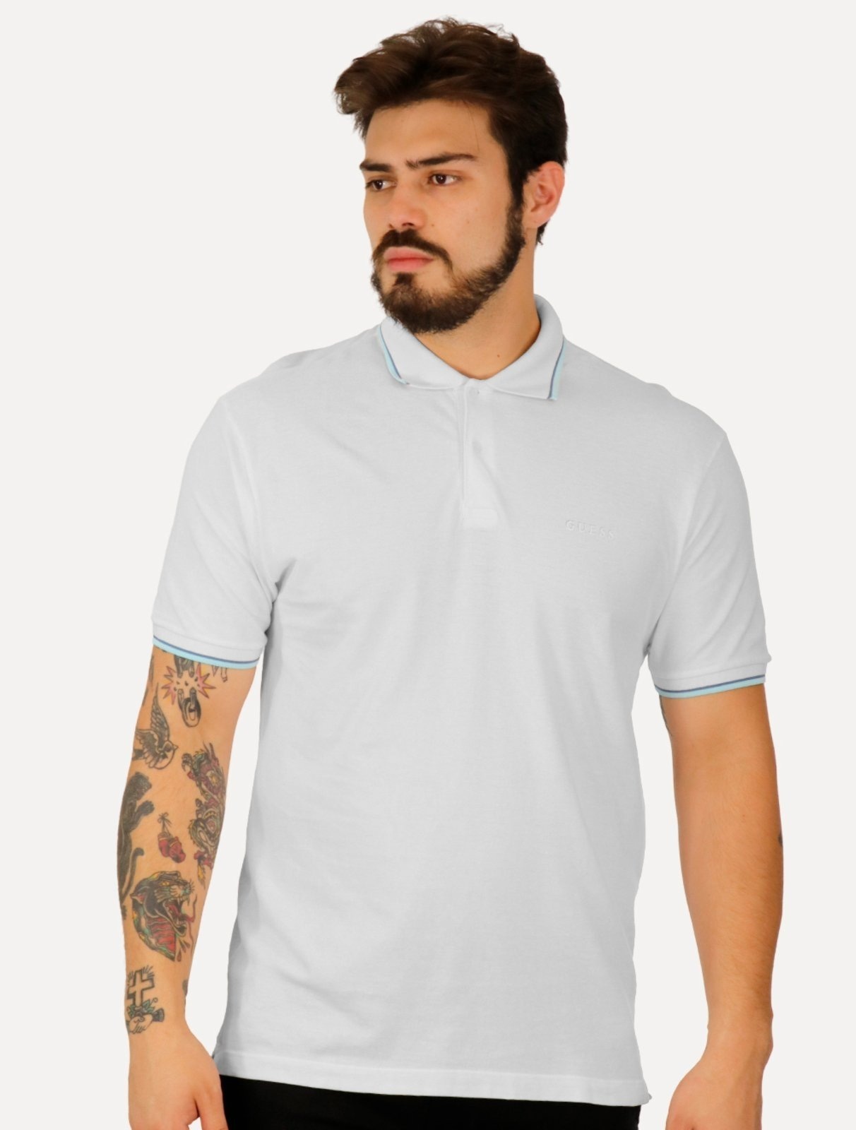 Imagem principal Polo Guess Masculina Piquet Frieze Logo Relief Branca Guess branco