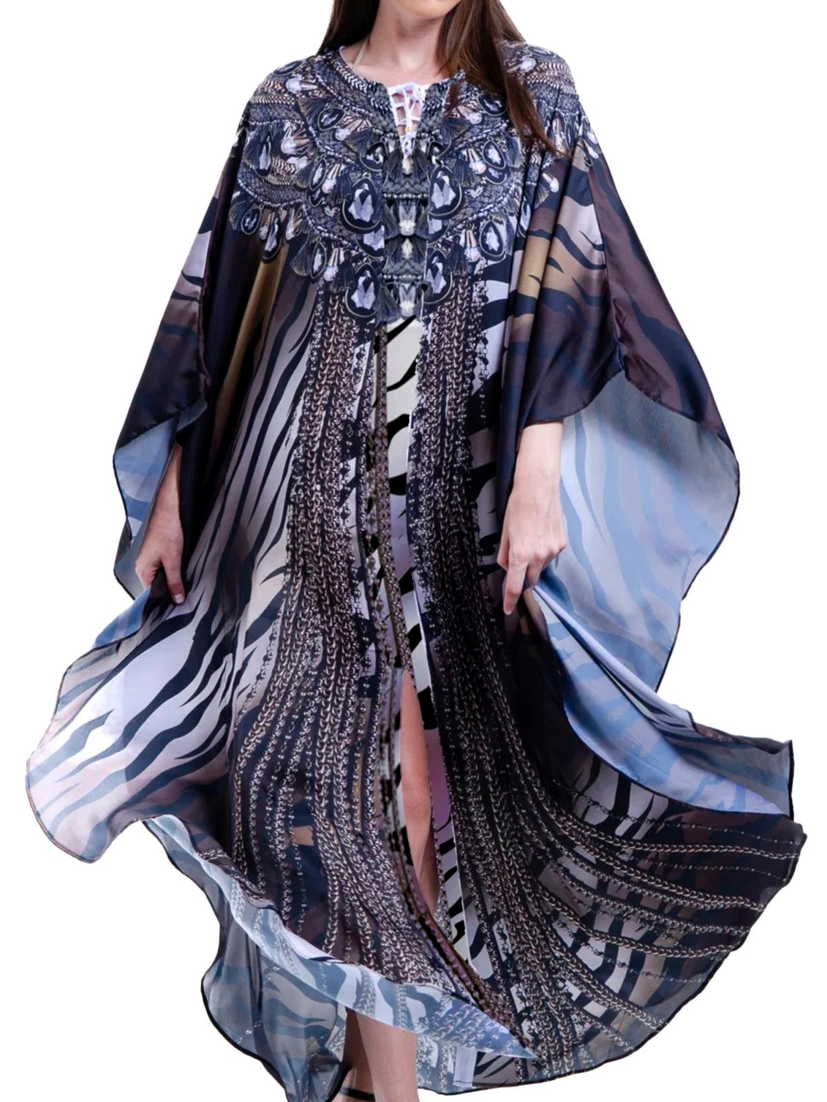 Imagem principal Vestido Kaftan Longo Cetim Opaco Estampado EXCLUSIVO Joias Tigre 101 Resort Wear marrom/preto