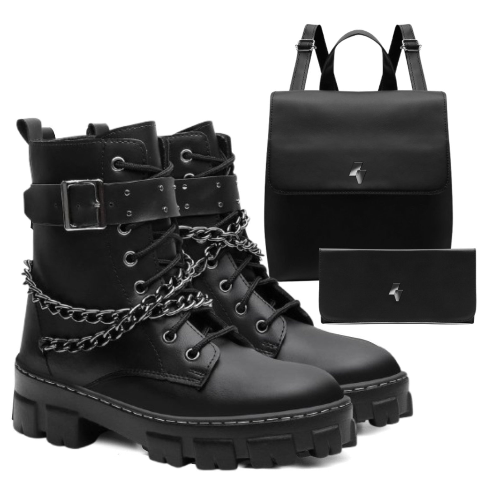 Imagem principal Kit Bota Coturno Feminino Veritimo Tratorada Cano Médio Correntes Rock Bolsa E Carteira Veritimo preto