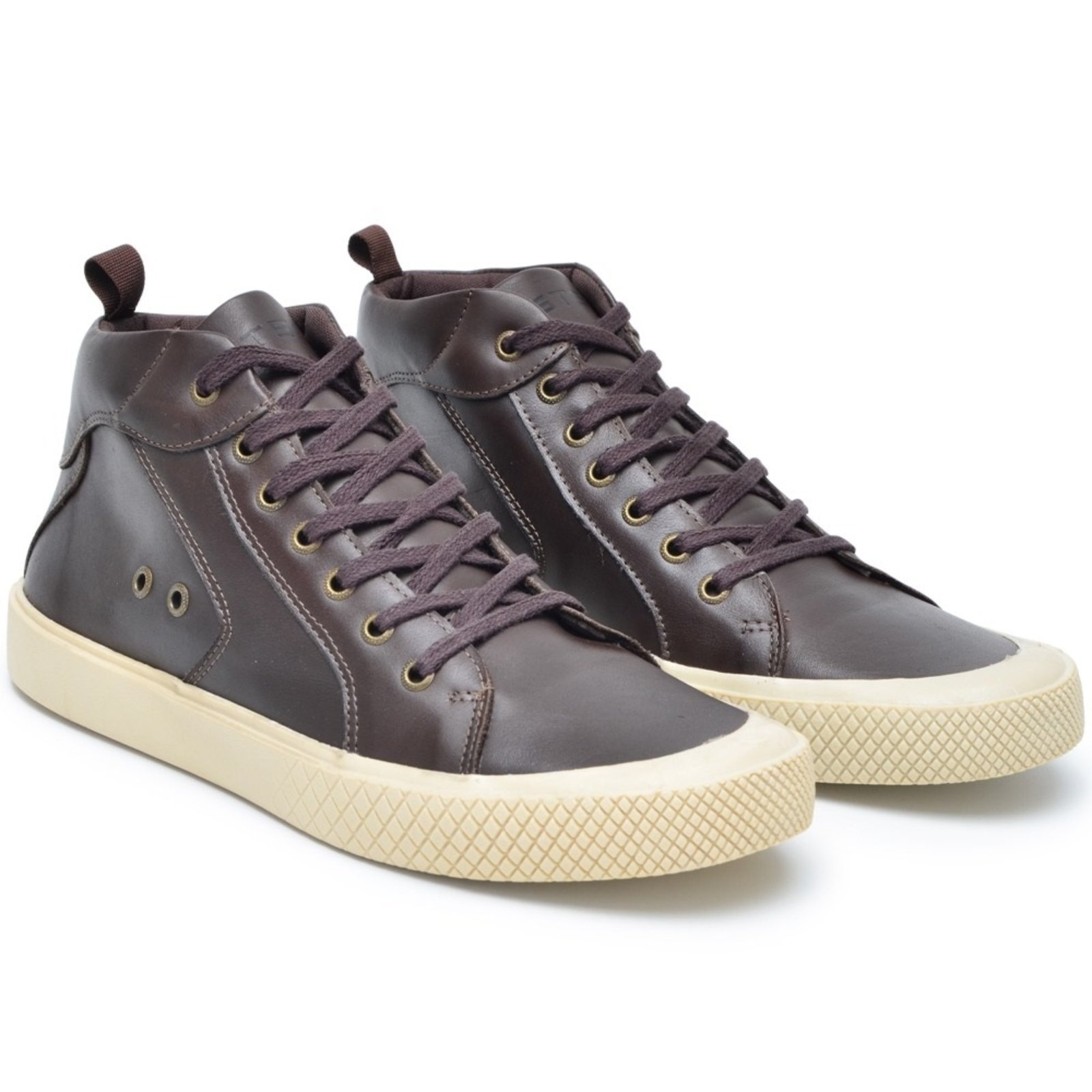 Imagem principal Tênis Casual Couro Masculino Cano Alto Amarração Solado Flat Emborrachado Natural Reforçado Café super shoes café natural