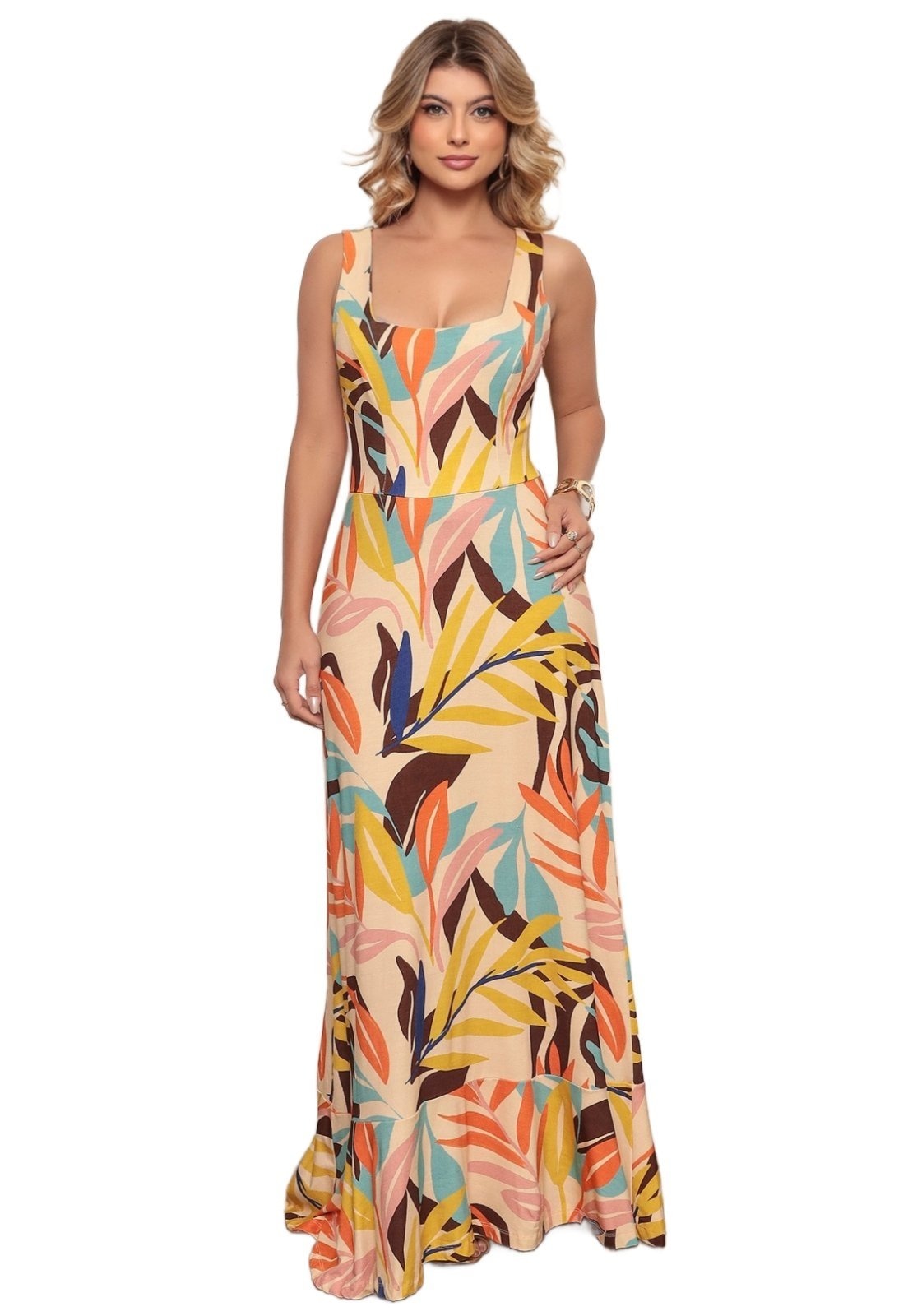 Imagem principal Vestido Fluido Longo Dellamarca Casual Estampada Creme Dellamarca bege/estampado/laranja