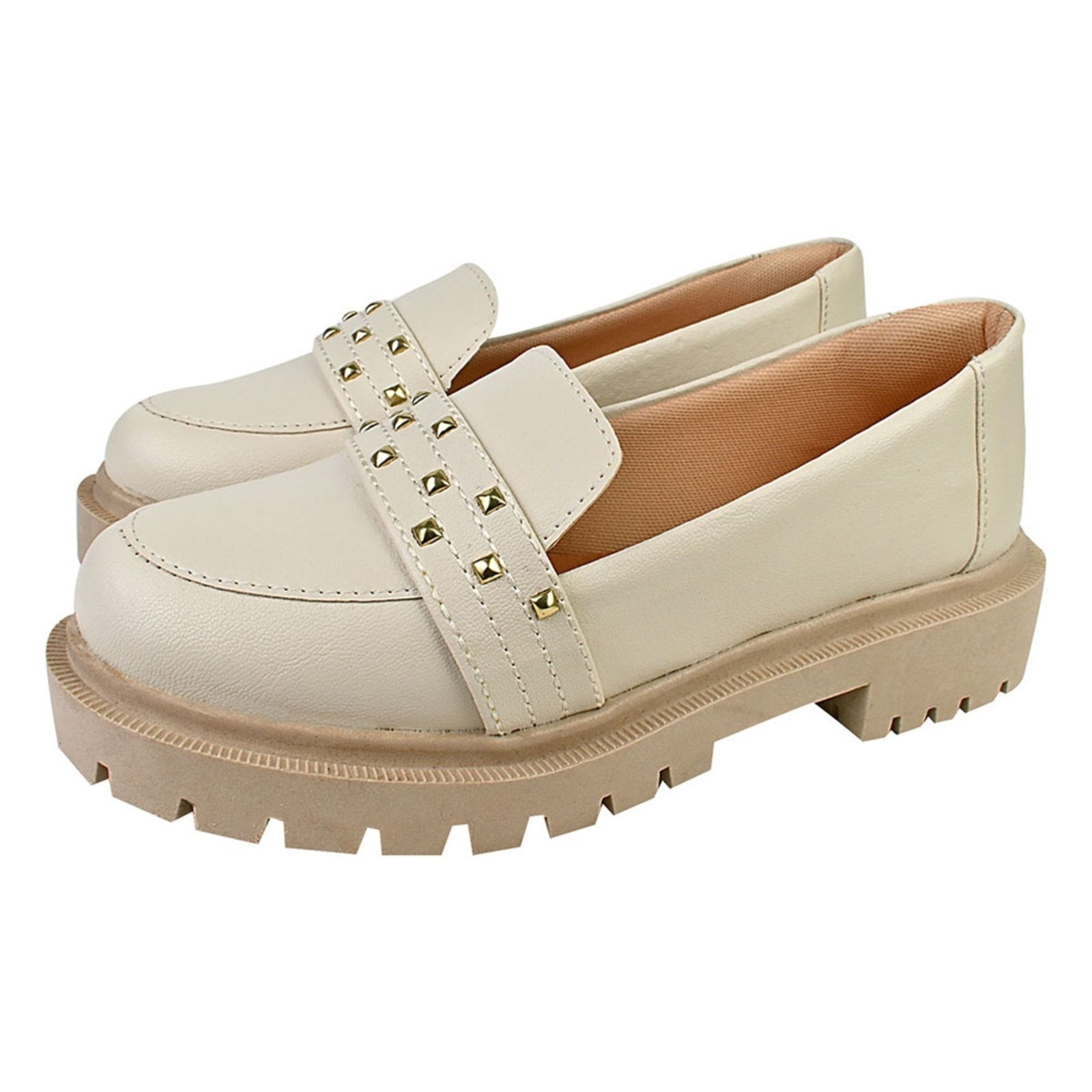 Imagem principal Sapato Feminino Mocassim Tratorado CM Calçados Enfeite Spike Tachas Aplicações Off White Monte Shoes off-white white