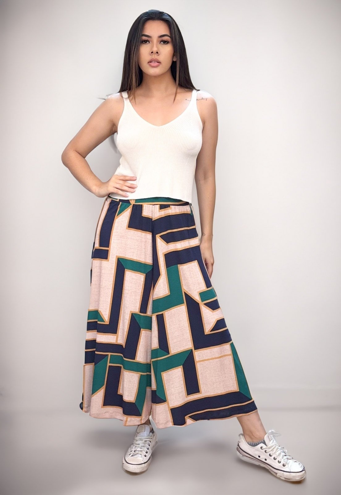 Imagem principal Calça Pantacourt Cabanafree Saia Malha Macaúba Estampa Chapada de Areia Cabanafree azul/bege/estampado/verde