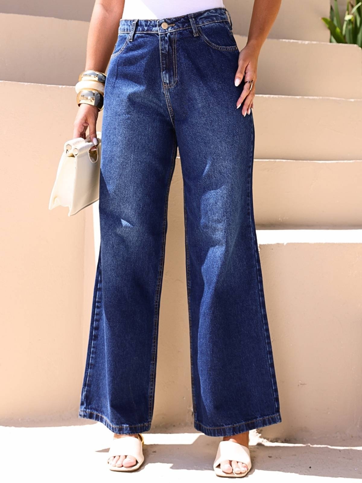 Imagem principal Calça Jeans Pantalona Feminina Escuro Crawling azul