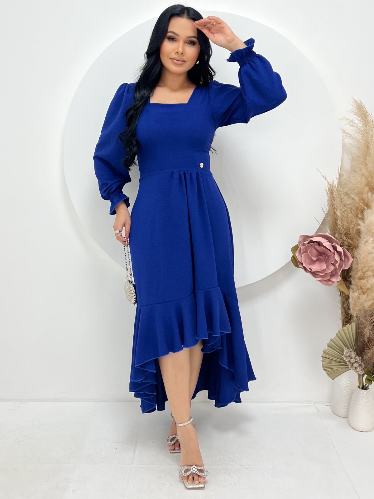 Imagem principal Vestido Midi Mullet Assimetrico Manga Longa Moda Social Modesta Royal BARSONS FASHION azul royal